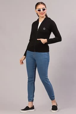 Cotton Solid Hooded Neck Sweat Shirt for Women 019226BLAL