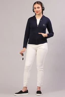 Cotton Solid Hooded Neck Sweat Shirt for Women 019226NAVBLUL