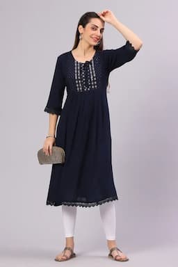 Cotton Blend Embroidered Kurta for Women 019823XLNAVBLU