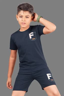 Boy's Cotton Printed T-shirt with Shorts Set 027986NAVBLU910YRS