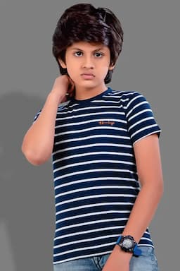 Cotton Striped Round Neck T-shirts for Boys 0279941213YRSNAVBLU