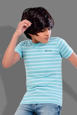 Cotton Striped Round Neck T-shirts for Boys 027994910YRSSKYBLU