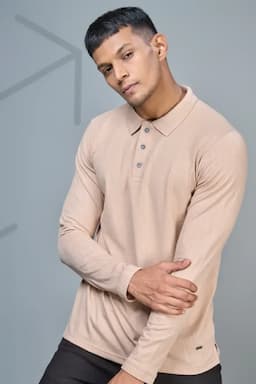 Men's Cotton Self Designed Polo Neck T-shirt 02826538BEI
