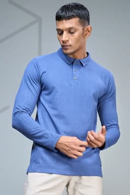 Men's Cotton Self Designed Polo Neck T-shirt 02826538BLU