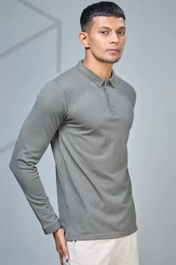 Men's Cotton Self Designed Polo Neck T-shirt 02826538GRE2