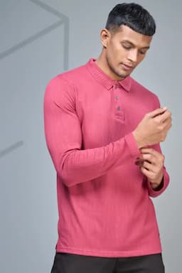 Men's Cotton Self Designed Polo Neck T-shirt 02826538PIN