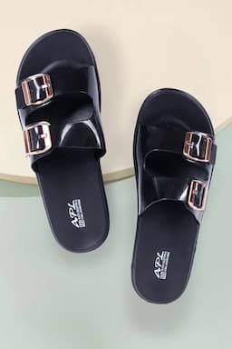 Glossy Double Buckle Slide Slippers for Women 0335568BLA