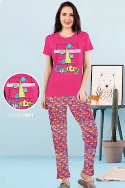Cotton Printed T-Shirt with Pyjama Set for Women	 034281PINXL