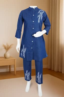 Denim Embroidered Co-ord Set for Women 035140DARBLUL