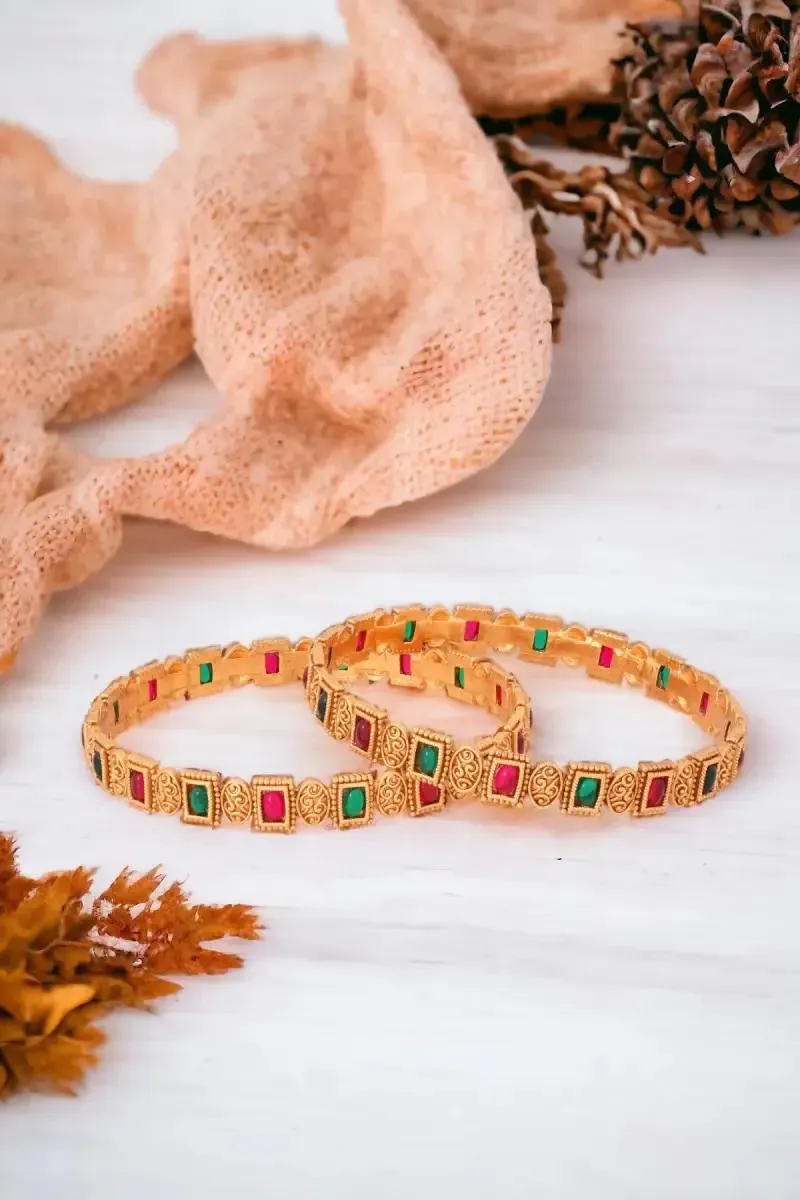 Traditional Gold Plated Bangles with Red & Green Stones for Women - Set of 2