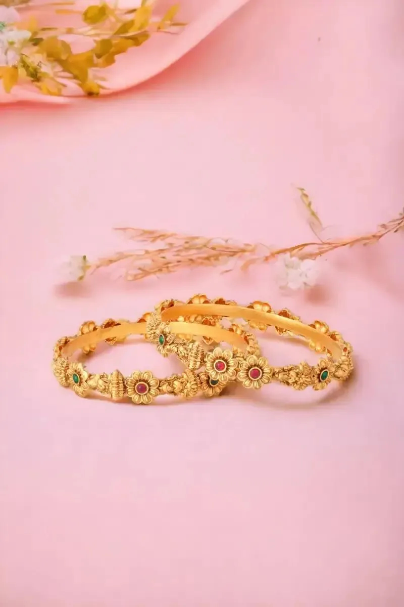 Matte Antique Finish Floral with Lakshmi Bangles for Women - Set of 2