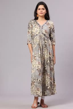 Cotton Blend Printed Alia-Cut Dress for Women 015092GREXL