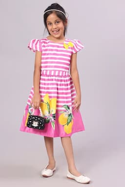 Girl's Polyester Printed Frocks (1-10 Yrs) 015380PIN910YRS