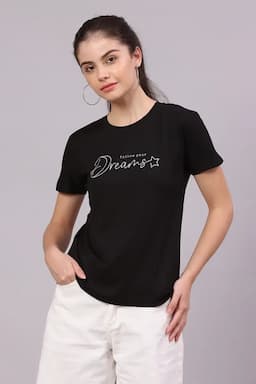 Cotton Lycra Typographic Printed T-Shirt for Women 016307XLBLA