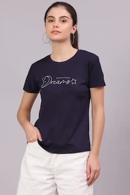 Cotton Lycra Typographic Printed T-Shirt for Women 016307XLNAVBLU