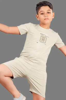 Boy's Printed Regular Fit T-shirt with Shorts Set 027987BEI910YRS