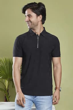 Men's Cotton Self Designed Polo T-shirt 02845640BLA