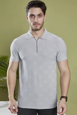 Men's Cotton Self Designed Polo T-shirt 02845644GRE2