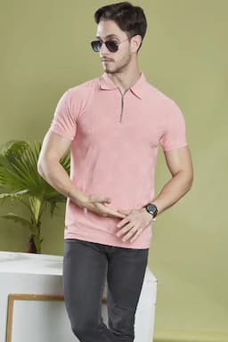 Men's Cotton Self Designed Polo T-shirt 02845644PIN